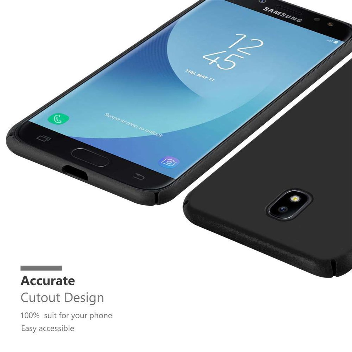 Telefono nero in una custodia nera, con l'ora visualizzata. Il testo sottostante recita Accurate Cutout Design.