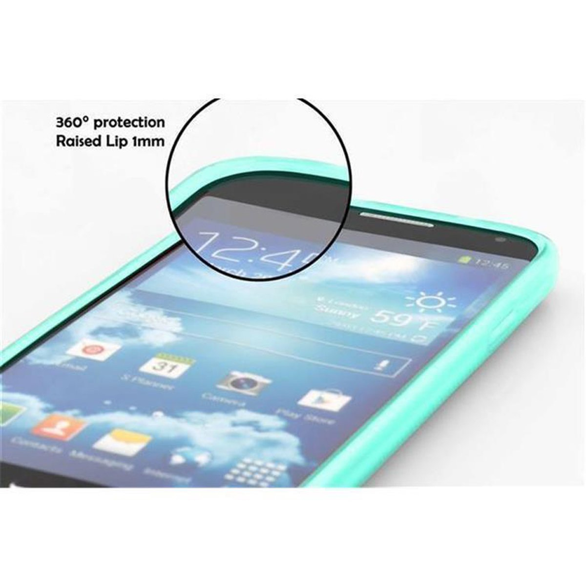 Telefono in una custodia verde acqua. Testo: '360° protection'.