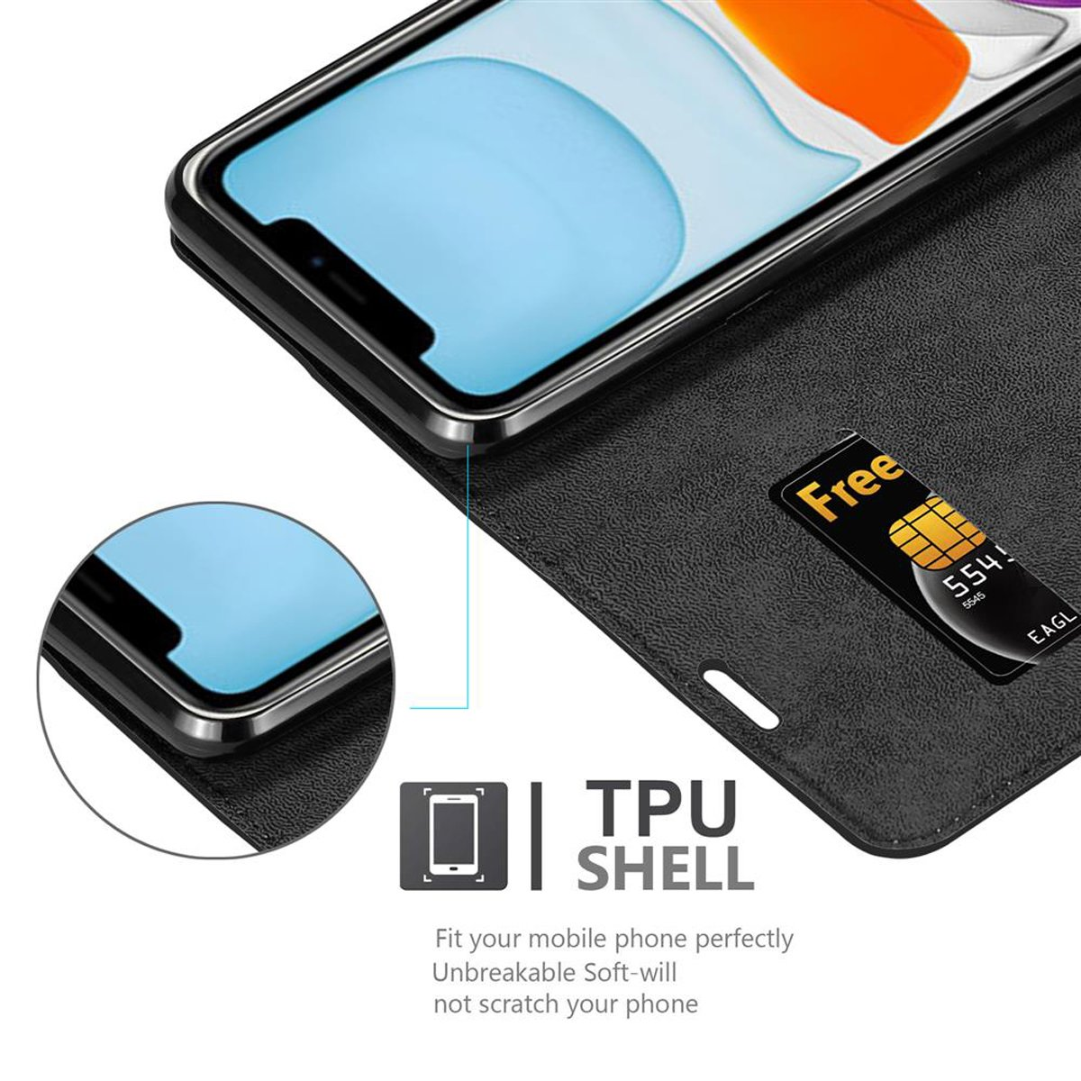 Custodia per cellulare con telefono. La custodia ha uno slot per schede.