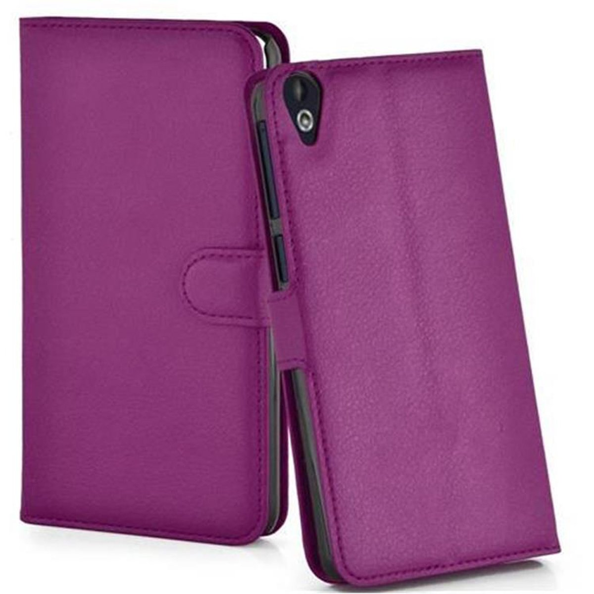 Custodia viola per telefono, aperta e chiusa, con bottone per chiudere, materiale simile alla pelle.