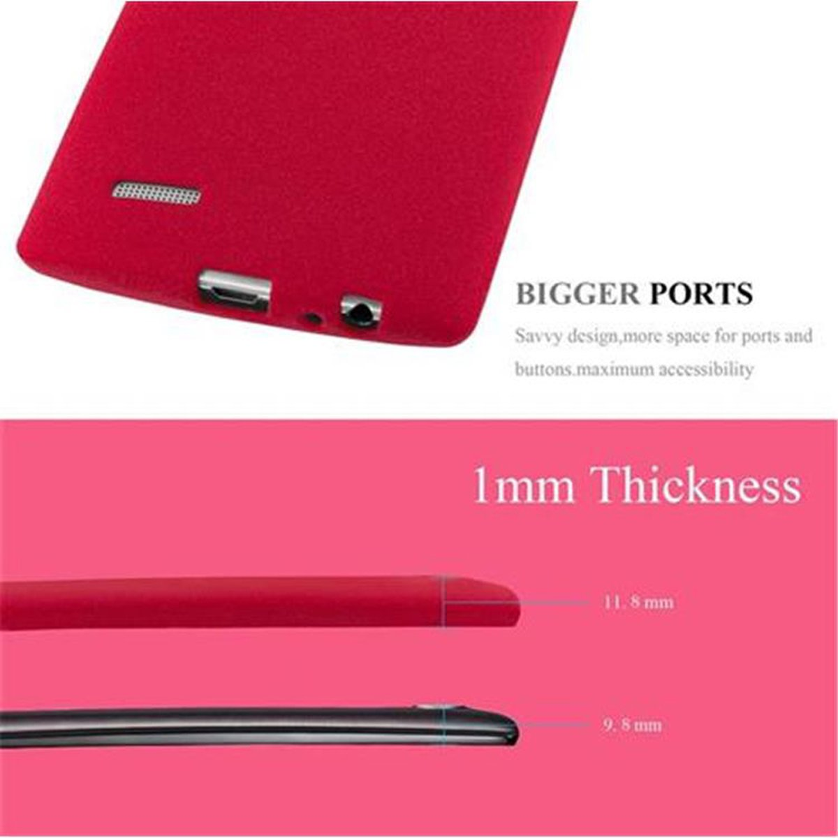 Funda de teléfono roja con un teléfono. La funda y el teléfono son rojos. Texto: Puertos más grandes y 1 mm de grosor.