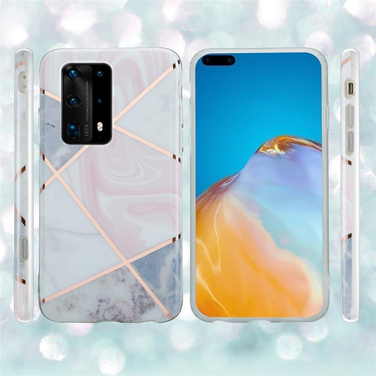 Due custodie per telefono affiancate. Una con design marmoreo e l'altra con schermo blu. La custodia è bianca.