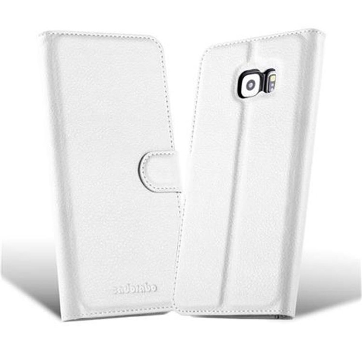 Due custodie bianche per telefono. Una aperta, rivela la fotocamera del telefono. L'altra chiusa. Entrambe bianche.