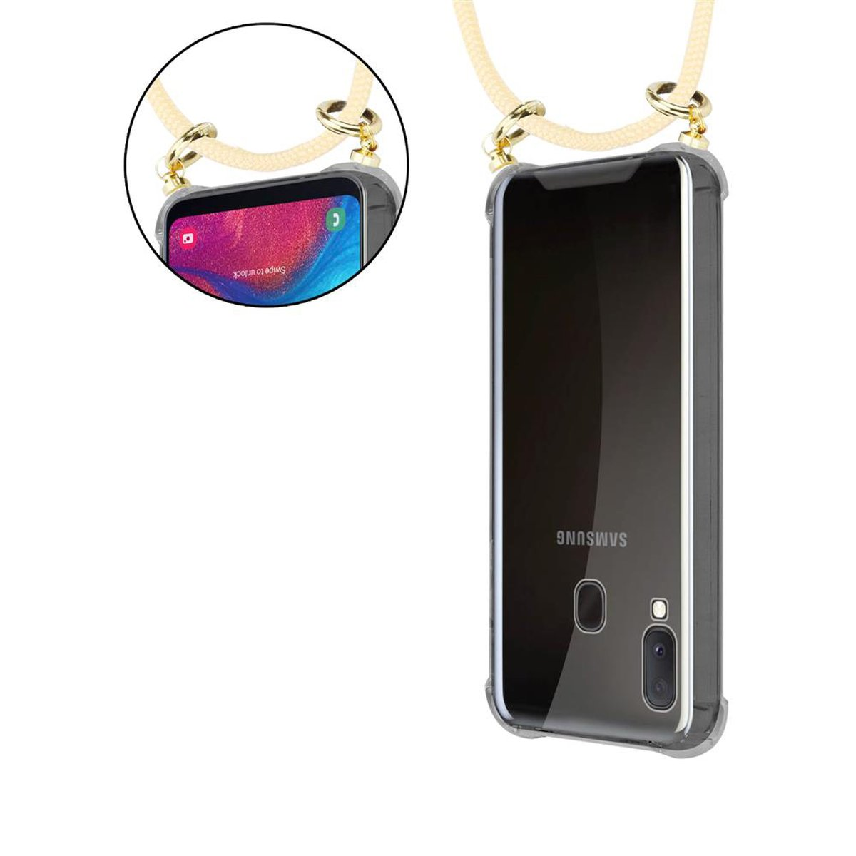 Un telefono in una custodia trasparente con un cordoncino color crema, su sfondo bianco. Lo schermo mostra un'app.