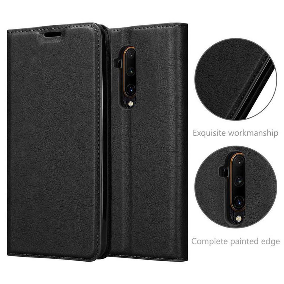 Schwarze Handyhülle. Das Telefon ist eingesetzt. Merkmale sind exquisite Verarbeitung und lackierte Kanten.