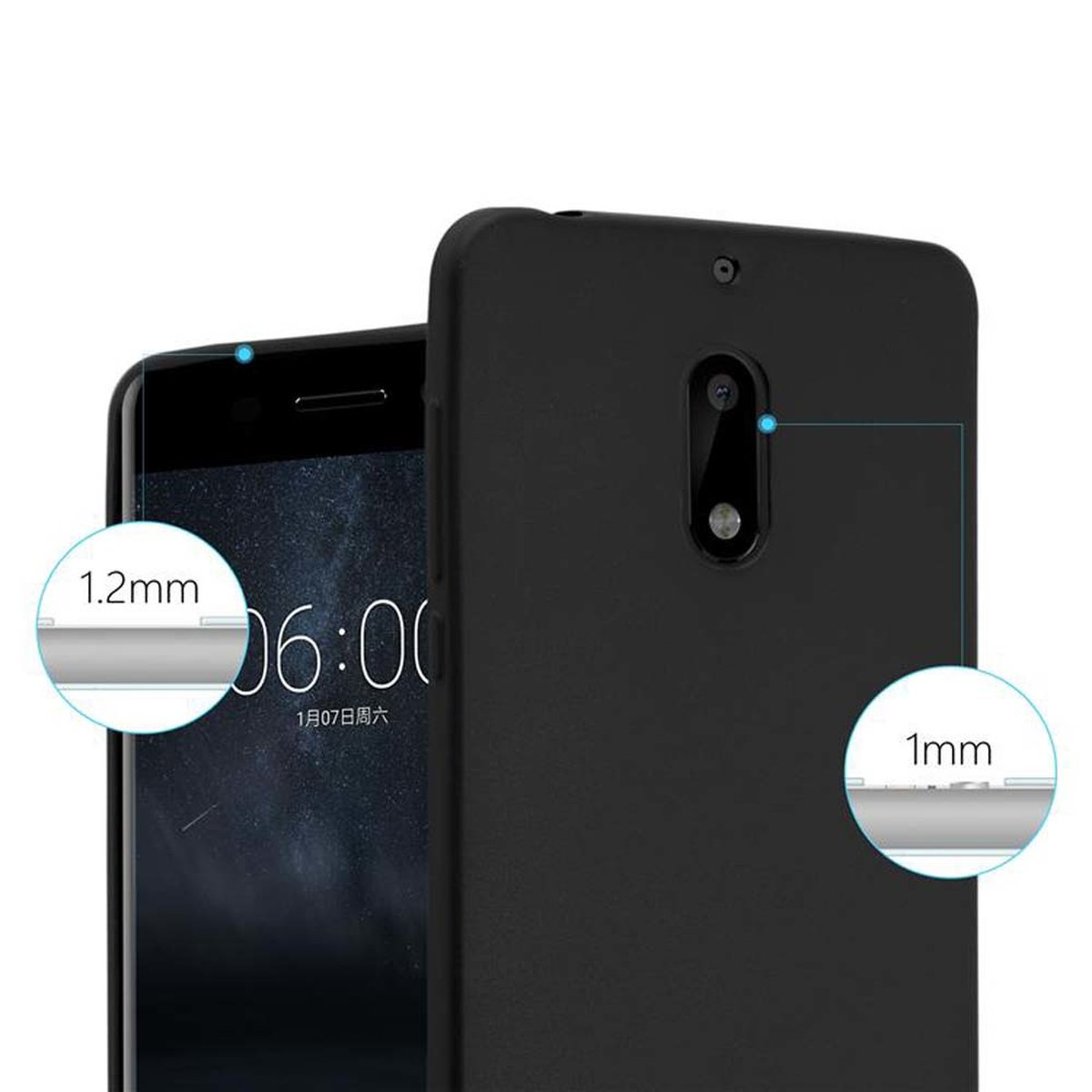 Una custodia nera per telefono con un telefono all'interno. La custodia è spessa e ha uno spessore di 1,2 mm e 1 mm.