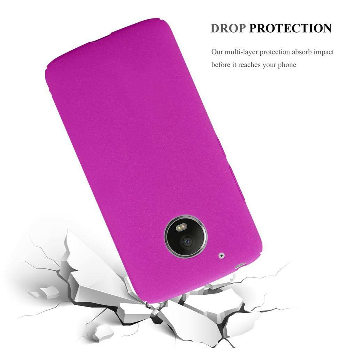 Custodia rosa per telefono con testo, protezione dalle cadute. Sfondo bianco con crepe sotto.