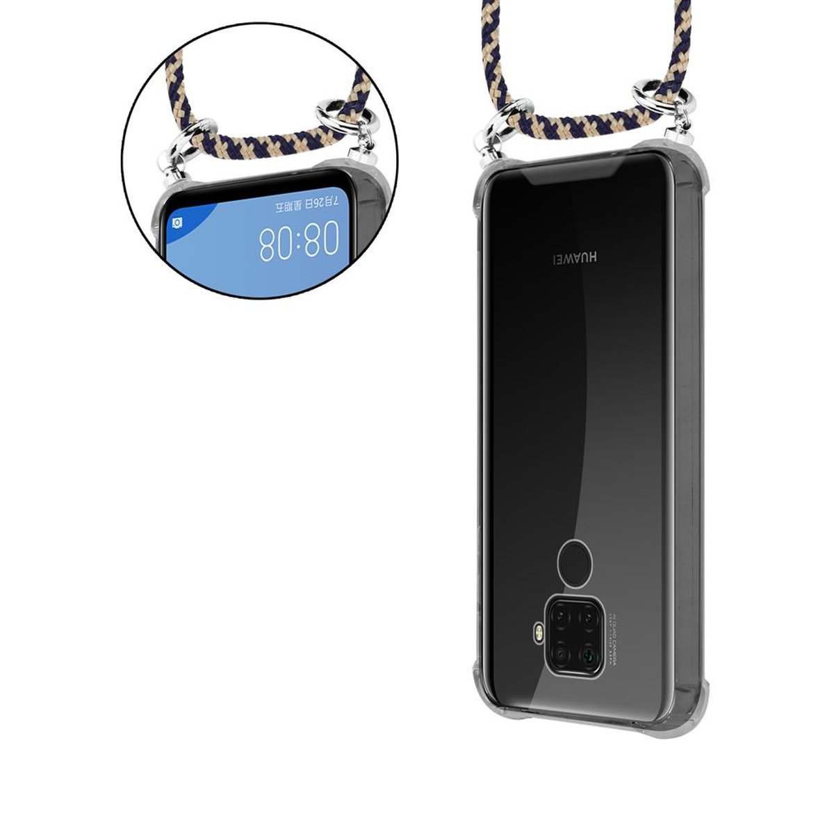 CADORABO Handy Kette mit Backcover, Silber Kordel 30 abnehmbarer Ringen, Hülle, MATE GELB DUNKELBLAU LITE, und Huawei, Band