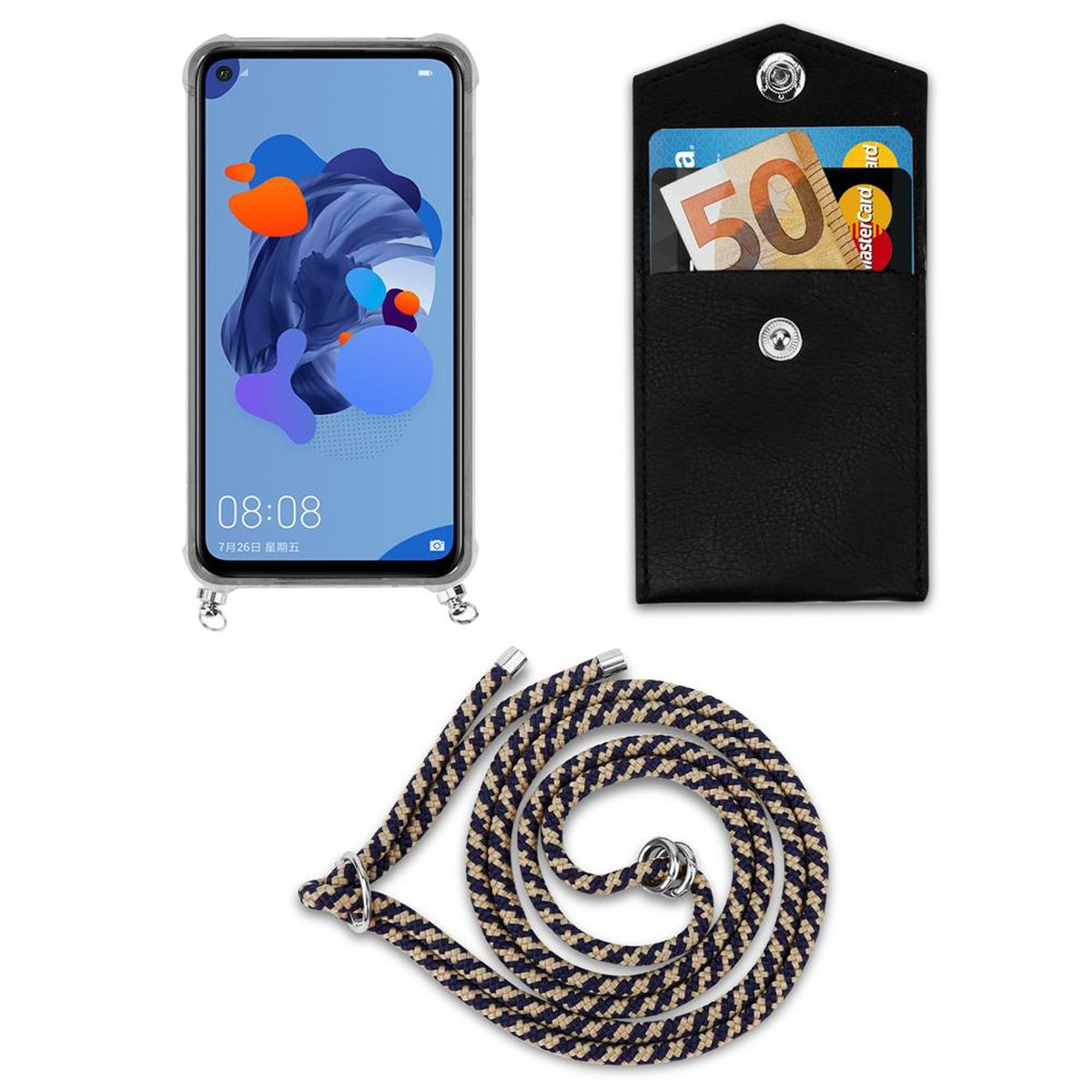 CADORABO Handy Kette mit Backcover, Silber Kordel 30 abnehmbarer Ringen, Hülle, MATE GELB DUNKELBLAU LITE, und Huawei, Band