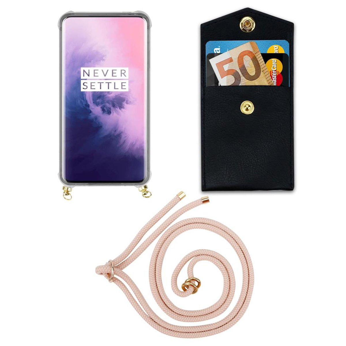 Kordel OnePlus, Handy abnehmbarer ROSÉGOLD Hülle, Band mit PRO, und Ringen, Gold Backcover, Kette CADORABO 7 PERLIG
