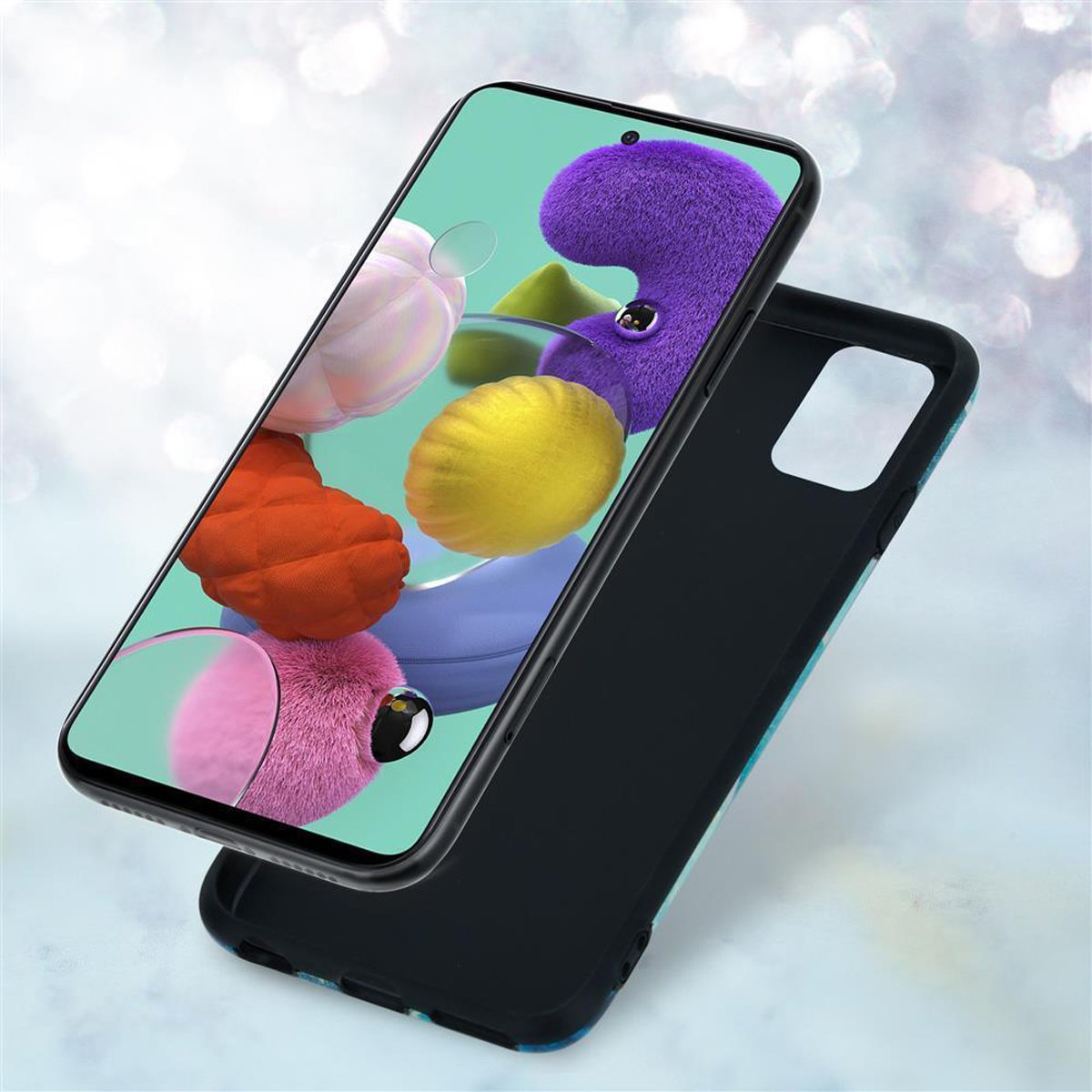 Una custodia per telefono con un telefono. Lo schermo del telefono mostra un design colorato.