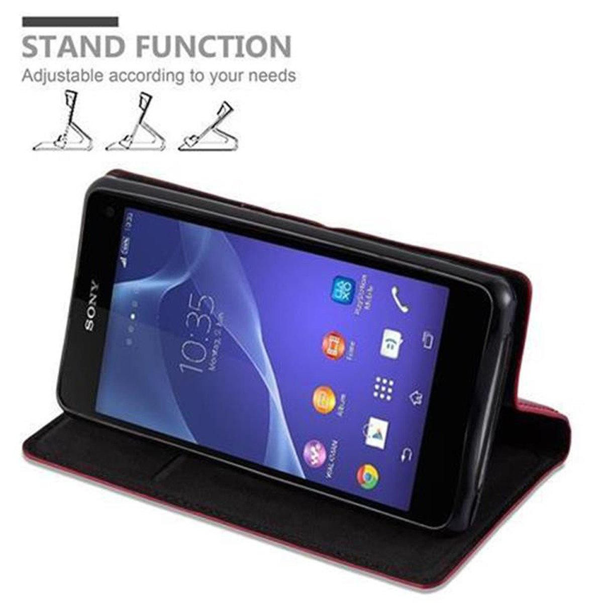 Telefon in Hülle mit Ständerfunktion. Ständerillustrationen. Text: STANDFUNKTION, einstellbar.