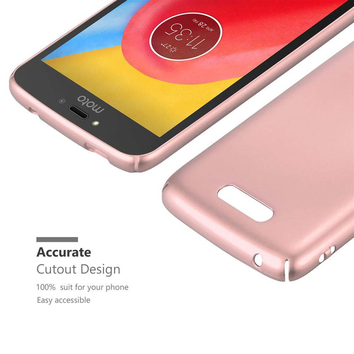 Custodia rosa con telefono, ritagli precisi. Testo: Design con ritagli precisi.