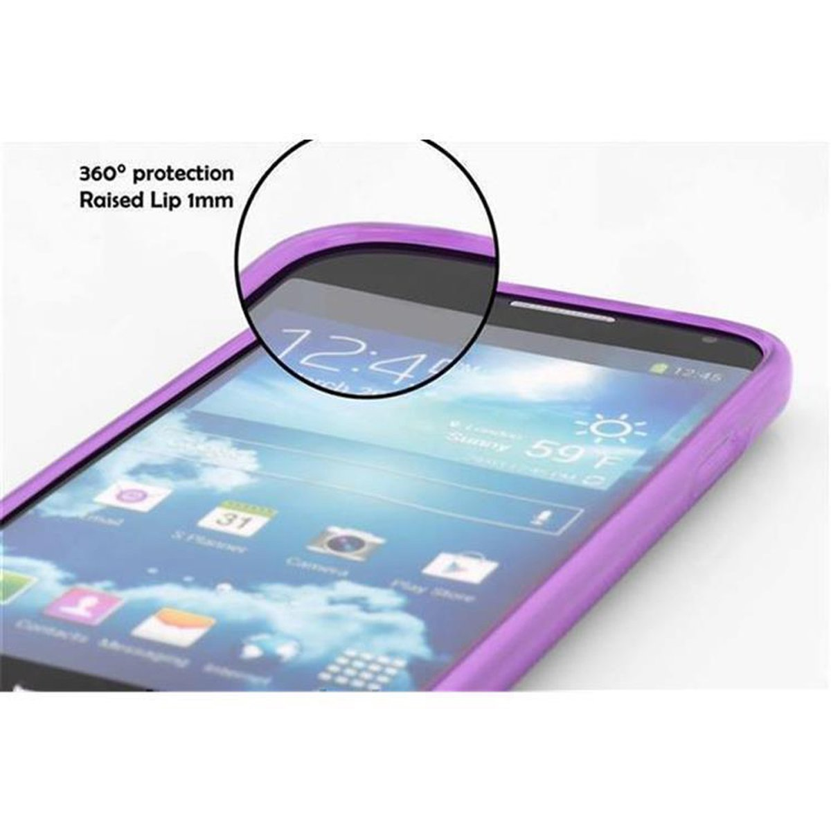 Una custodia per telefono viola con un bordo rialzato. Lo schermo mostra l'ora e il meteo.