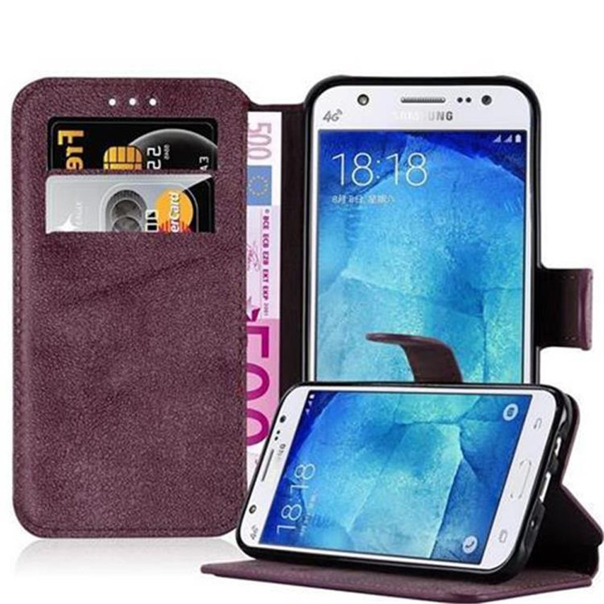 Teléfono en una funda tipo cartera, mostrando la pantalla. Otros teléfonos visibles, incluidas tarjetas de crédito y efectivo.