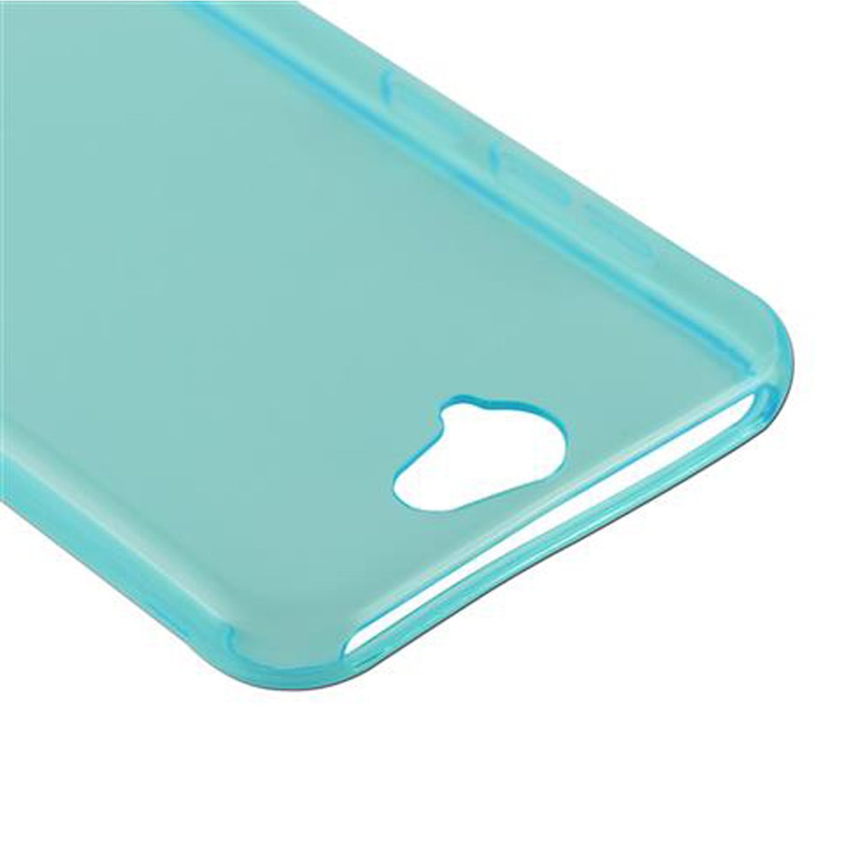 Transparente Handyhülle. Blauer Farbton. Teilweise sichtbar, mit Aussparung.