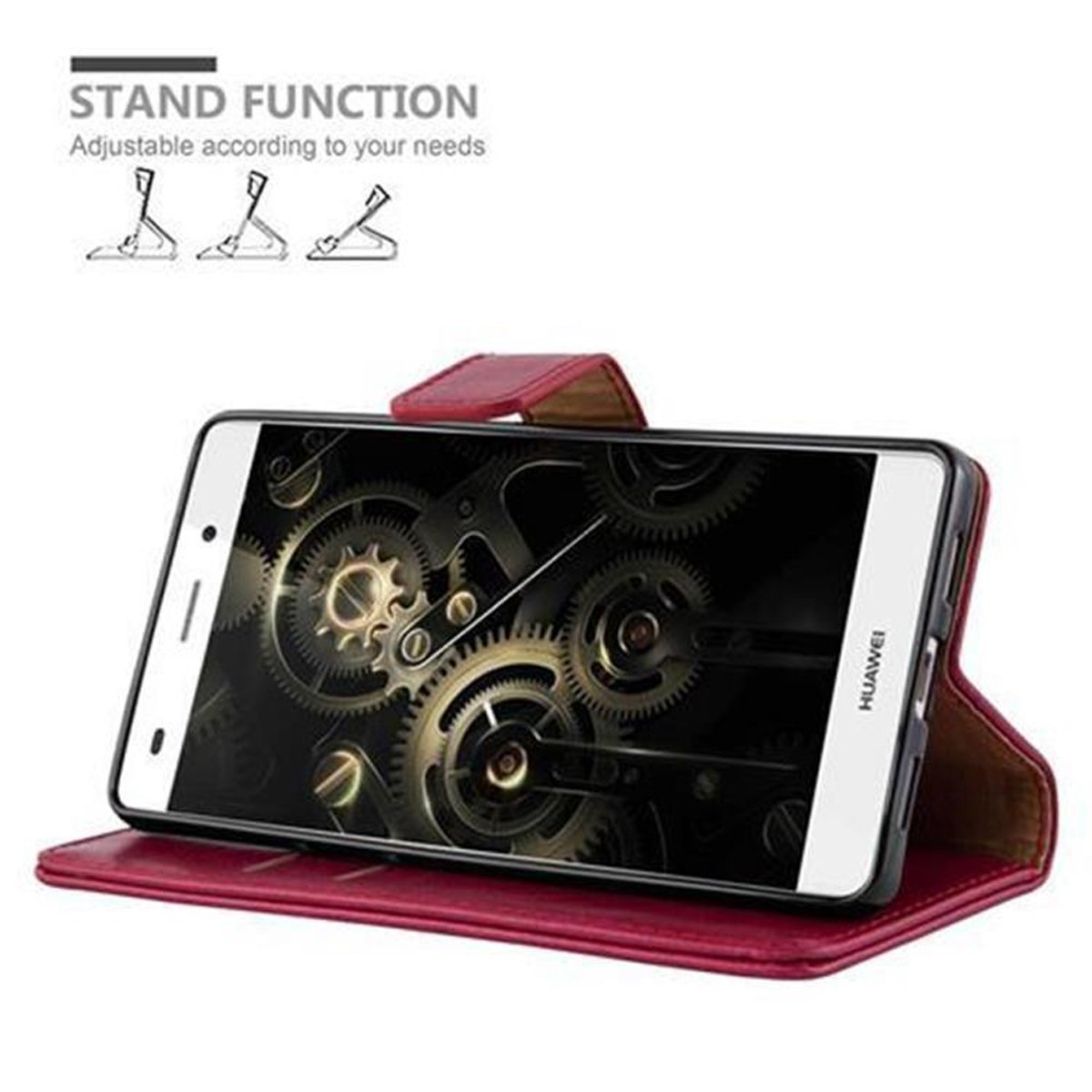 Funda de teléfono roja con teléfono dentro, mostrando una imagen de engranajes. La función de soporte se muestra atrás.