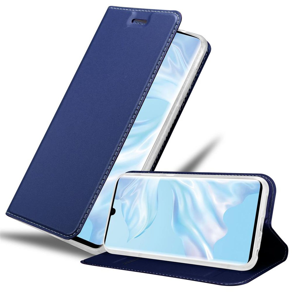 Blaue Handyhülle offen. Ein Telefon eingesetzt, mit weißem Bildschirm.