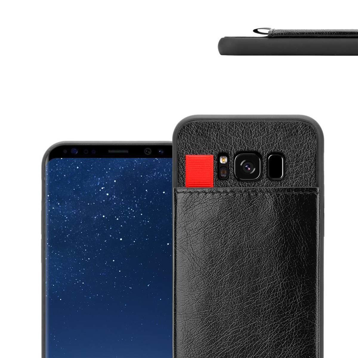 Telefono in una custodia nera con un porta carte rosso, con uno sfondo sfocato.