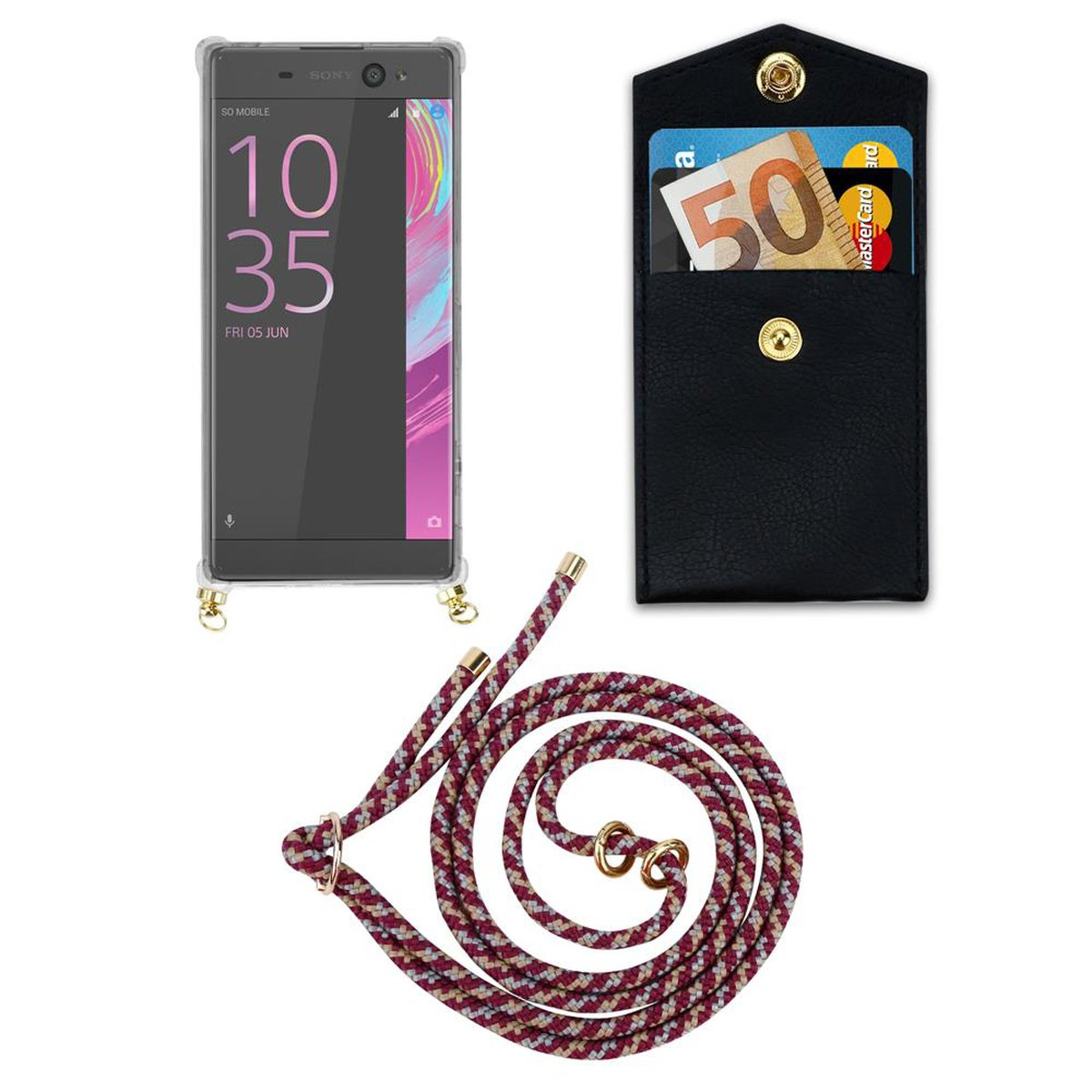 abnehmbarer CADORABO mit Sony, Ringen, Kette Hülle, Xperia Gold Kordel GELB Handy WEIß ROT Band XA, und Backcover,