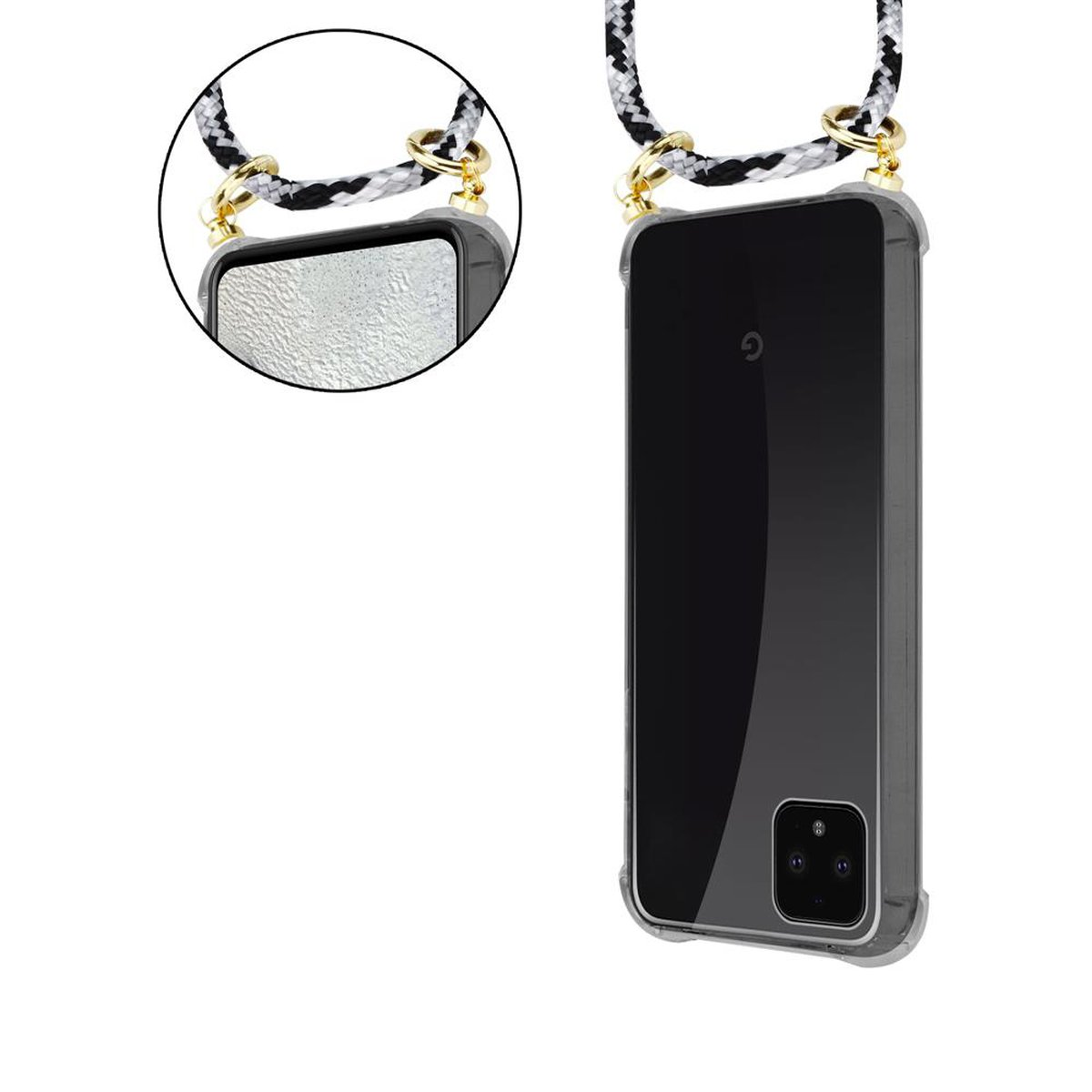 CADORABO Handy Kette Google, Kordel und abnehmbarer Band Gold Ringen, SCHWARZ Backcover, mit PIXEL Hülle, XL, CAMOUFLAGE 4