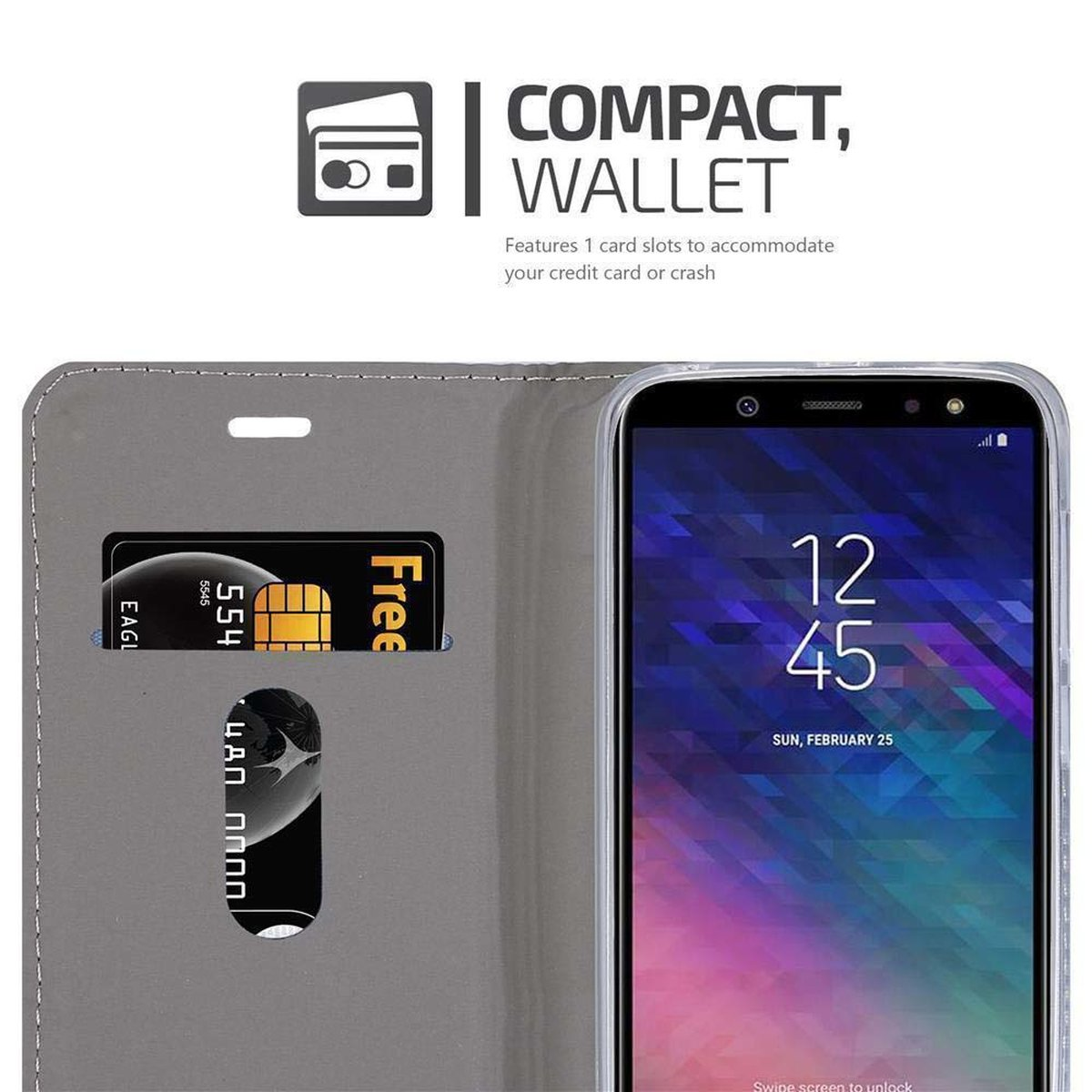 GRAU Book Samsung, CADORABO 2018, im Galaxy Bookcover, Schutzhülle SCHWARZ Style, A6 Jeans