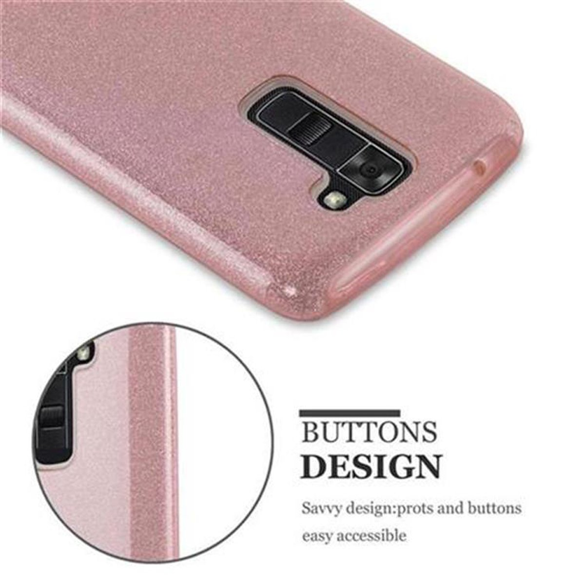 Primer plano de la funda del teléfono. La funda del teléfono es rosa y tiene una textura brillante.