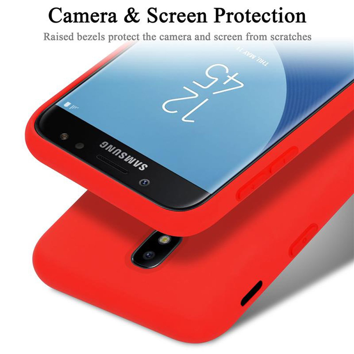 Custodia rossa per telefono su un telefono. Lo schermo mostra l'ora. Testo: Protezione fotocamera e schermo.