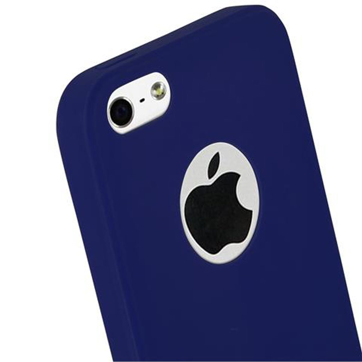 Primer plano de una funda azul para teléfono con el logotipo de Apple.