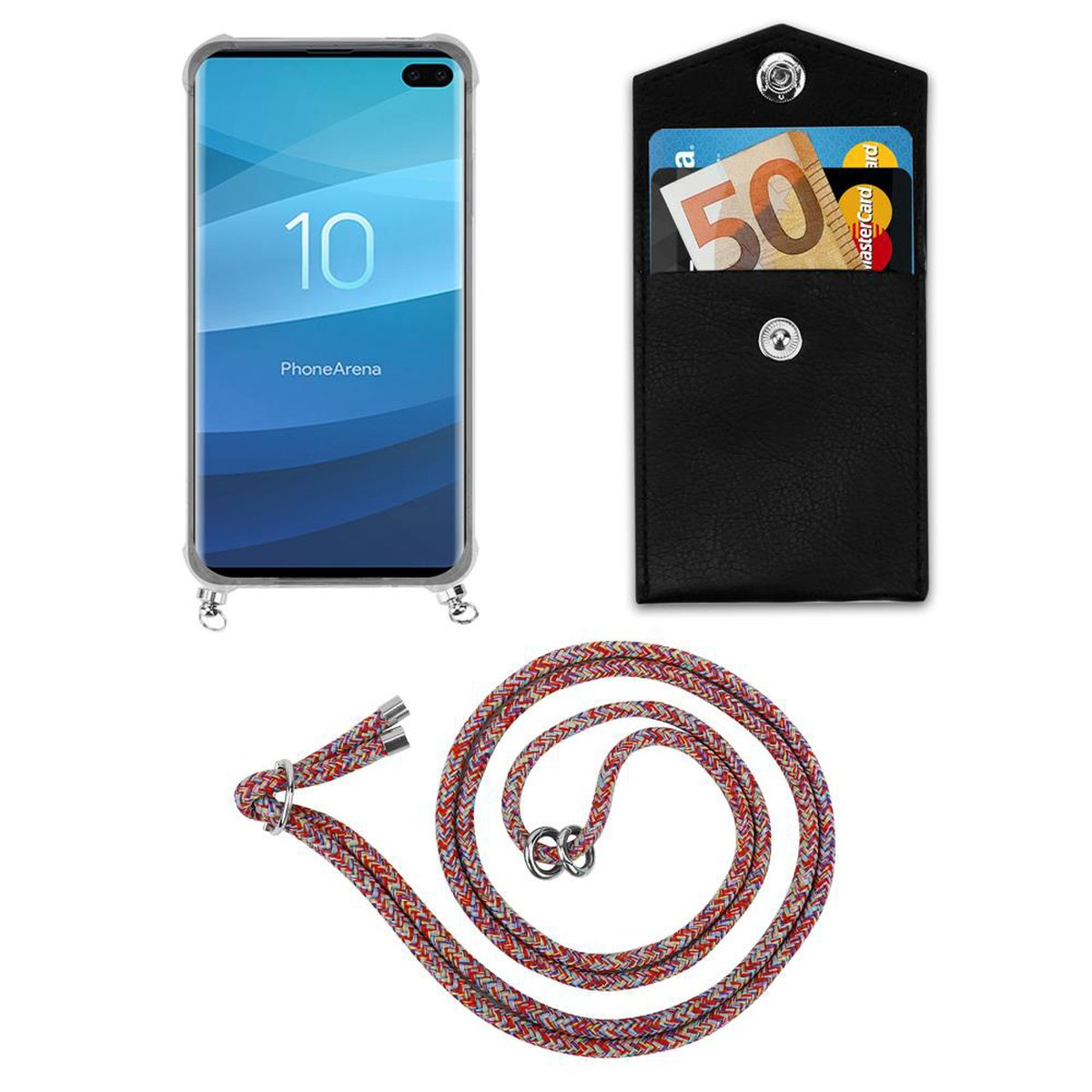 Galaxy S10 CADORABO Kette COLORFUL Hülle, Kordel Samsung, PLUS, und PARROT Backcover, Ringen, abnehmbarer mit Silber Band Handy