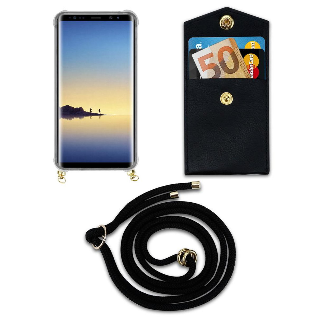 CADORABO Handy SCHWARZ Galaxy Kette Hülle, abnehmbarer Gold Ringen, und Kordel Backcover, Samsung, mit NOTE Band 9