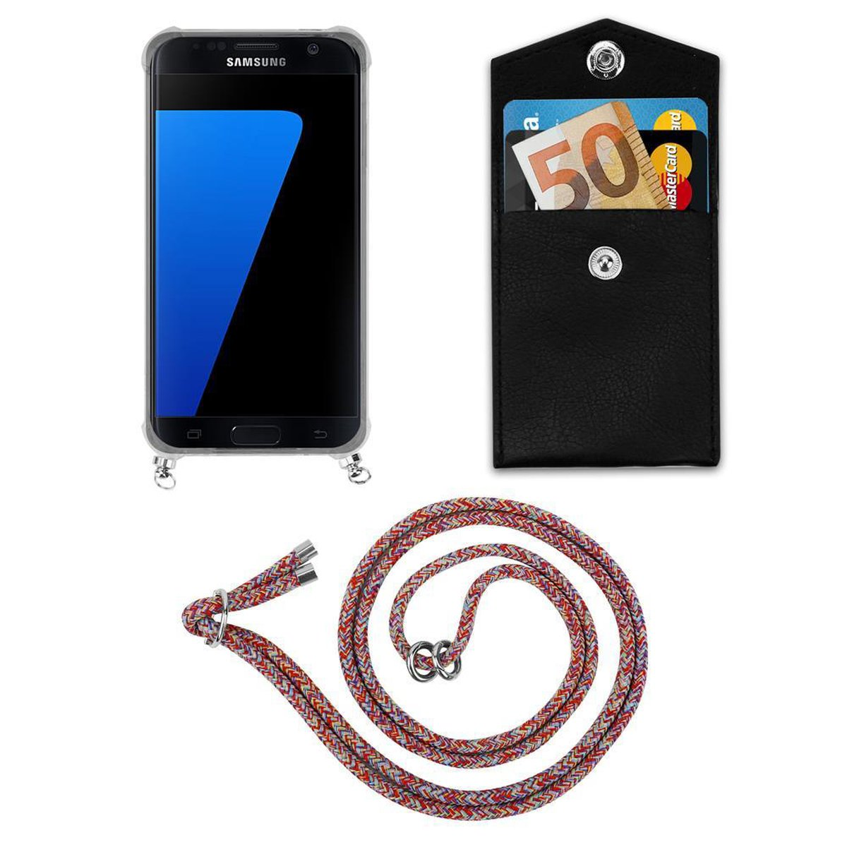 Samsung, Kordel COLORFUL Ringen, Hülle, Kette Handy Galaxy Silber und abnehmbarer mit Band CADORABO PARROT Backcover, S7,