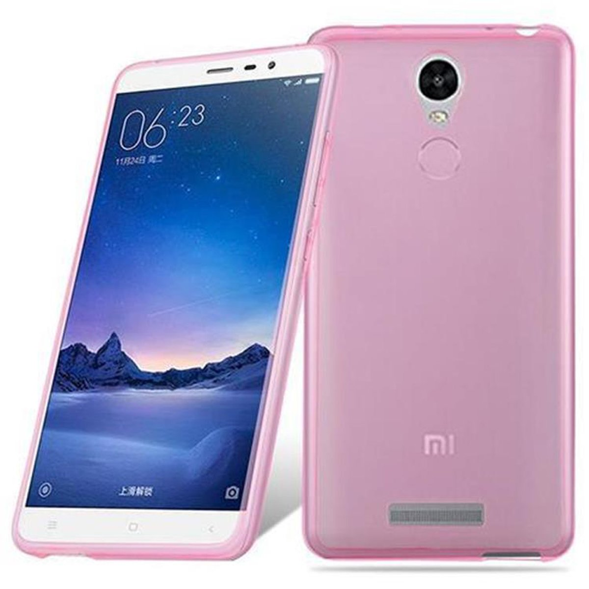 Telefono rosa con custodia rosa. Vengono mostrati due telefoni.