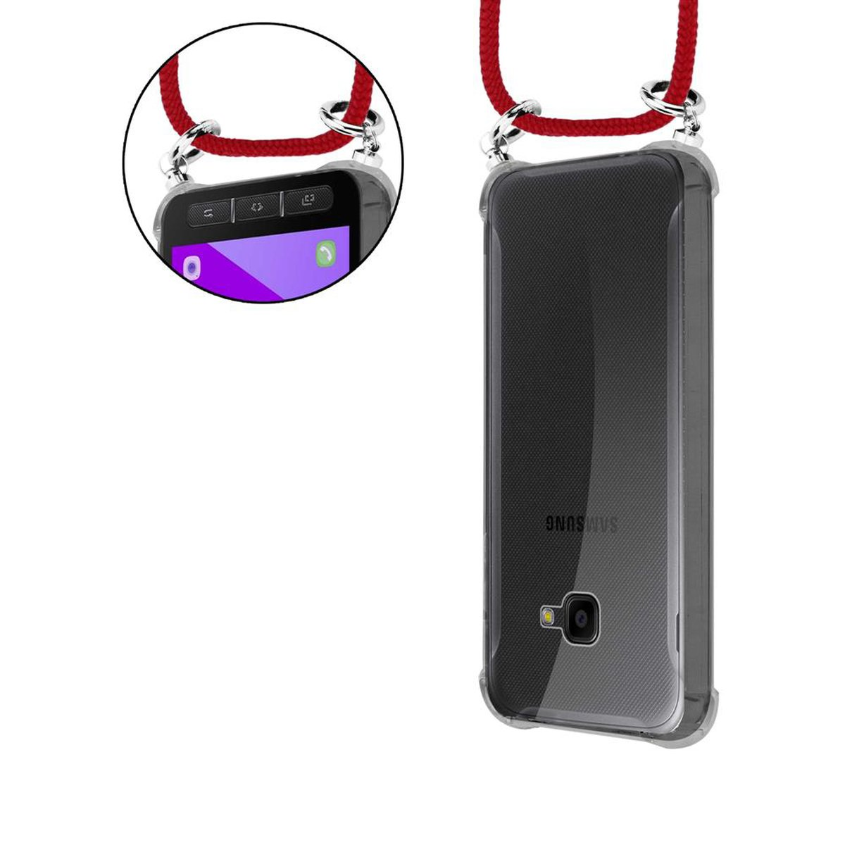 Telefono con cordino rosso, in custodia trasparente, appeso. Un'altra custodia trasparente mostrata a destra.