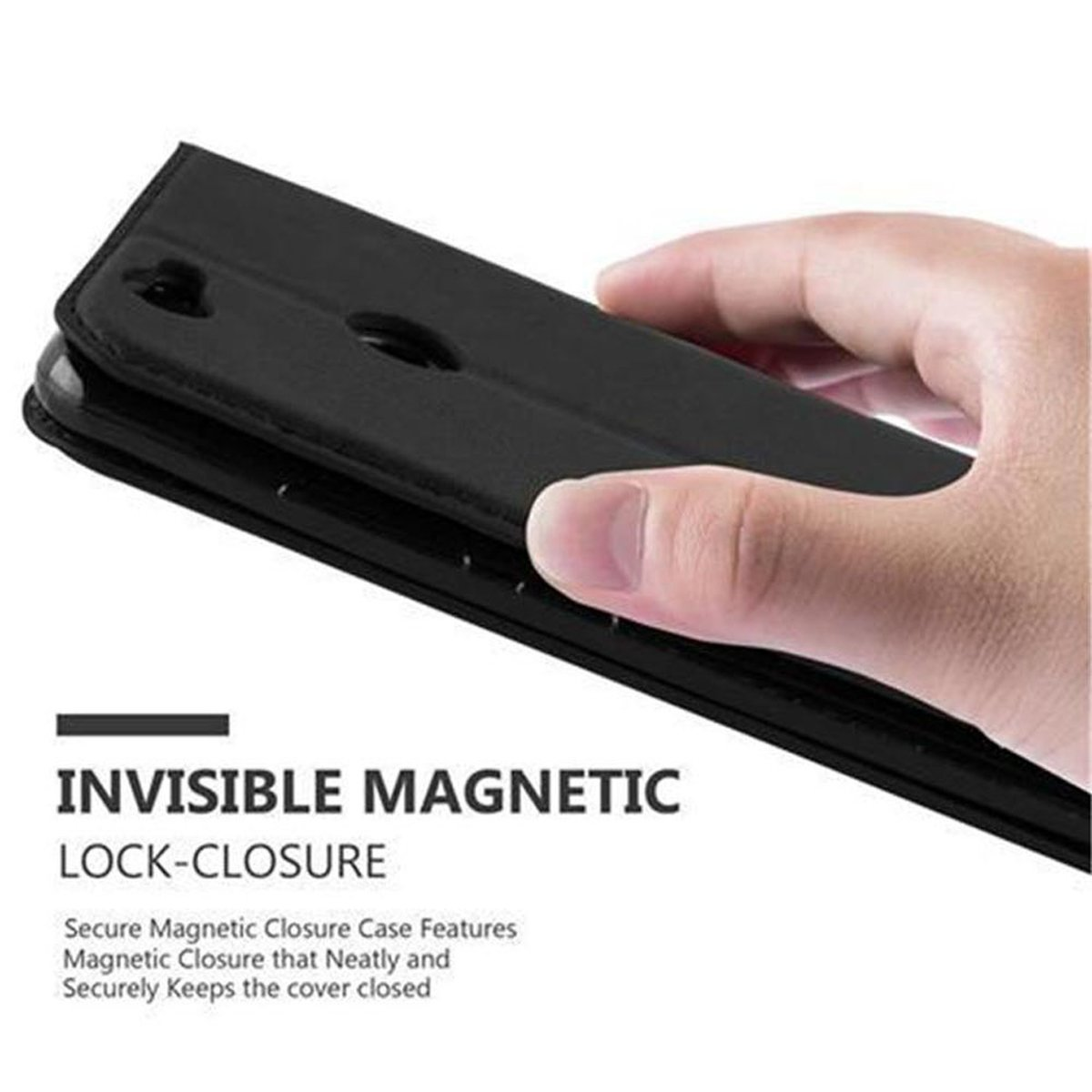 Mano che apre una custodia nera per telefono. Testo 'INVISIBLE MAGNETIC LOCK-CLOSURE'.