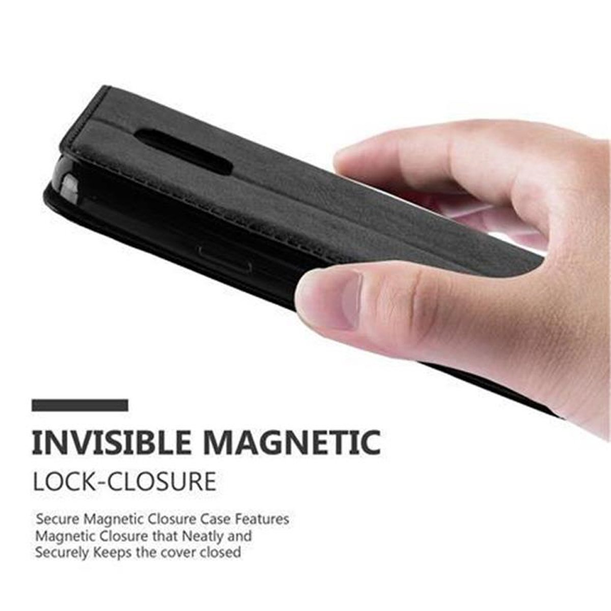 Una custodia nera con chiusura magnetica. La mano tocca la custodia. Il testo dice chiusura magnetica invisibile.