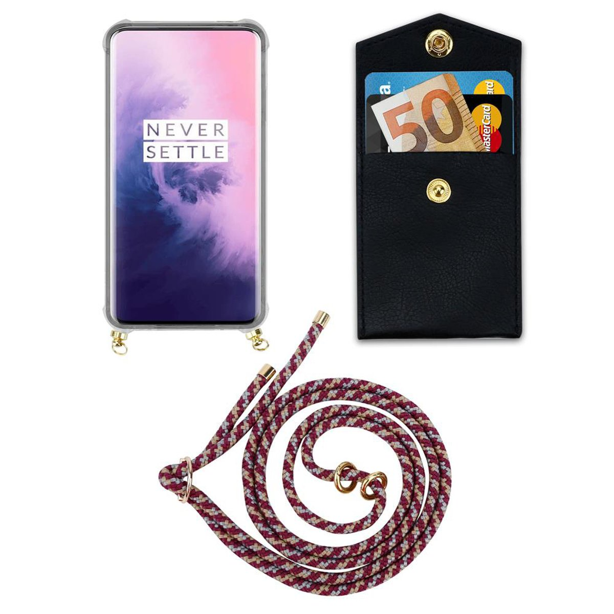 Handy und Kette OnePlus, mit Kordel Band WEIß 7 Gold Ringen, CADORABO abnehmbarer ROT Hülle, GELB Backcover, PRO,