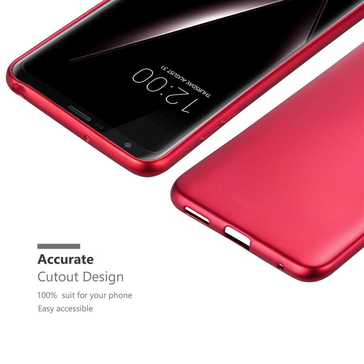 Rote Handyhülle und Telefon. Der Bildschirm zeigt die Zeit. Rote Hülle schützt. Genaues Ausschnittdesign.