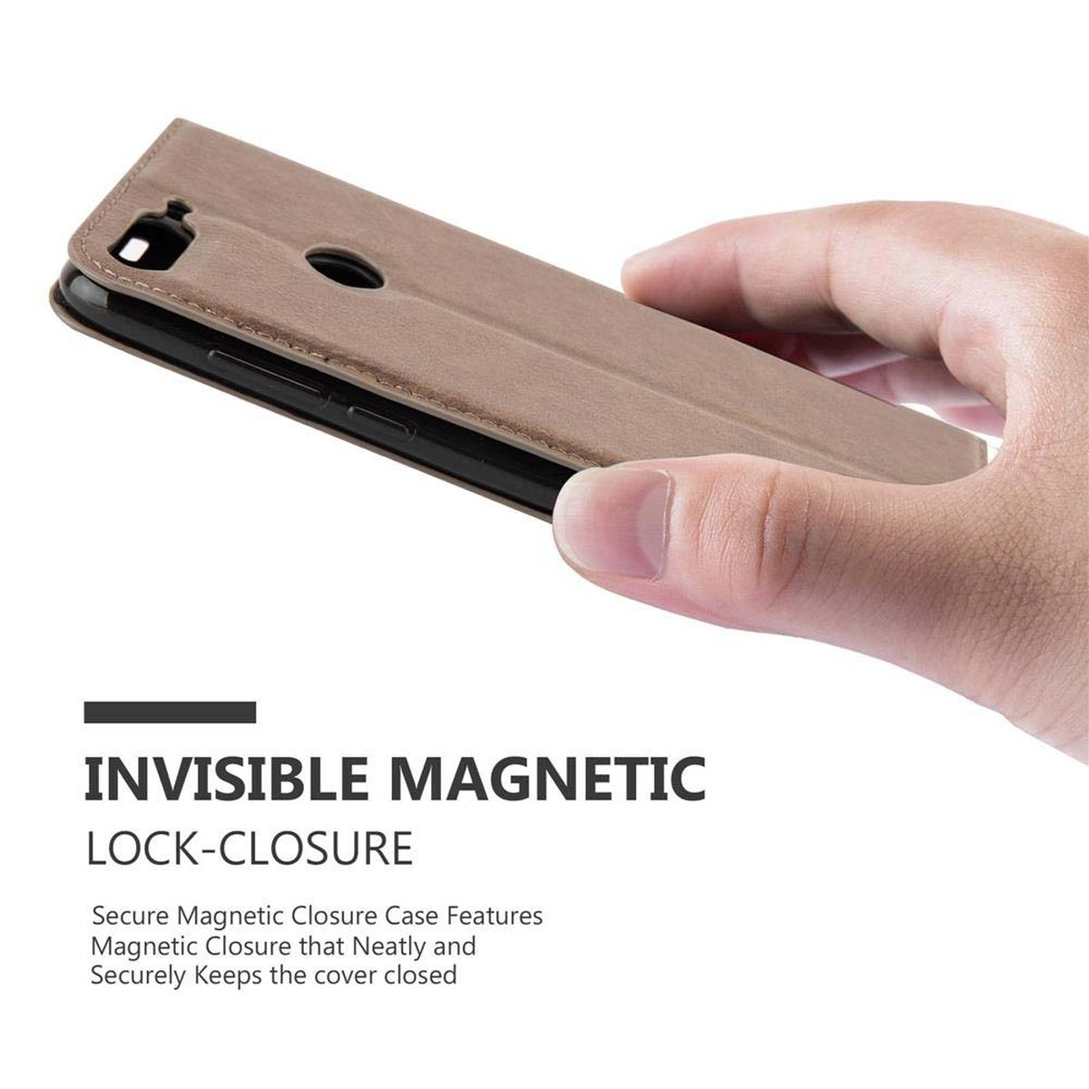Una mano che tiene una custodia per telefono chiusa. Il testo recita "Invisible Magnetic Lock-Closure".