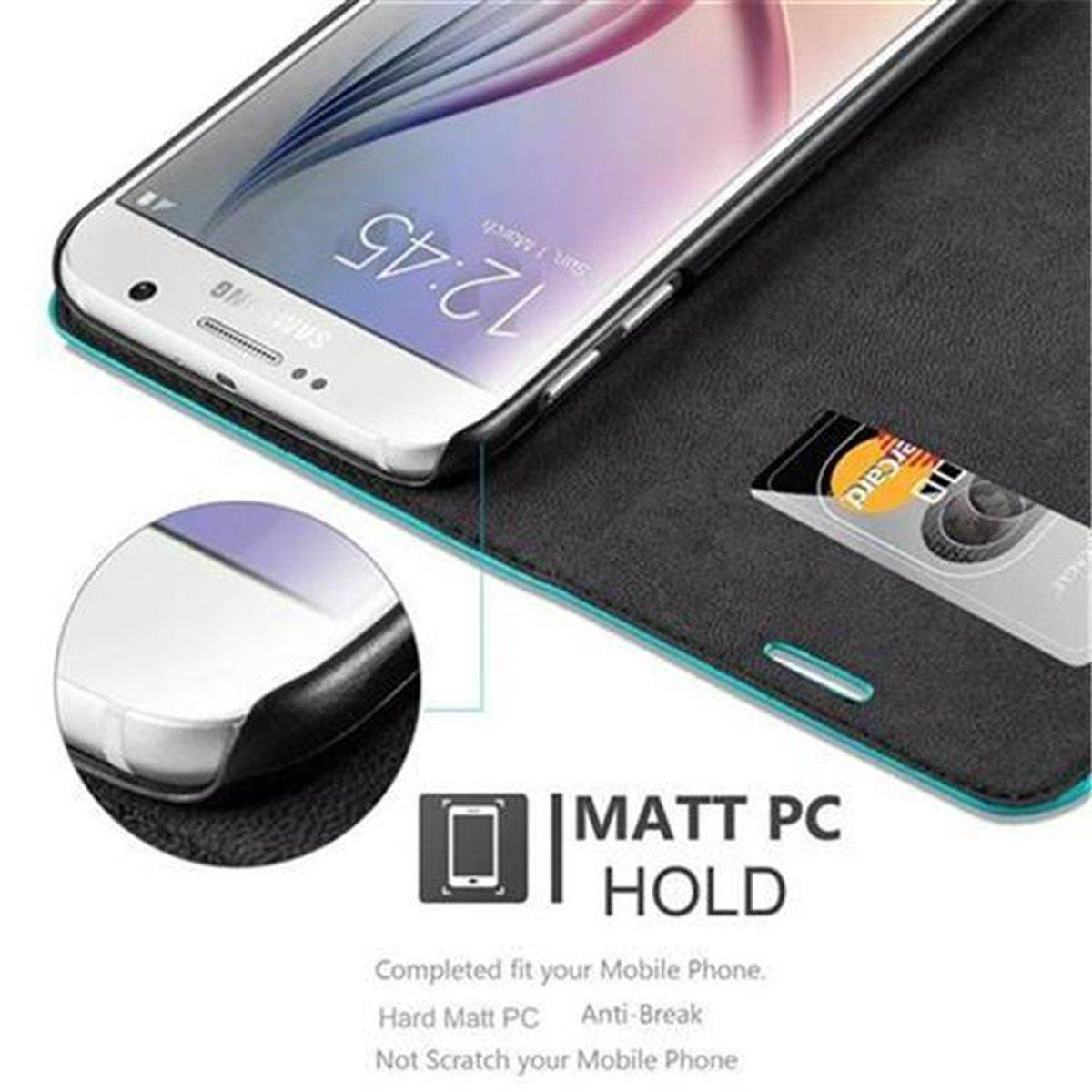 Un telefono in una custodia con una carta in uno slot. Il testo descrive la custodia come Matt PC Hold, infrangibile, antigraffio.