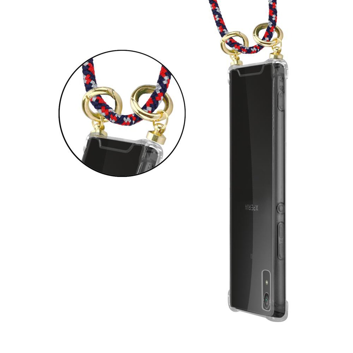 Handyhülle mit Lanyard, schwarzes Telefon sichtbar. Goldfarbene Aufsätze. Weißer Hintergrund.