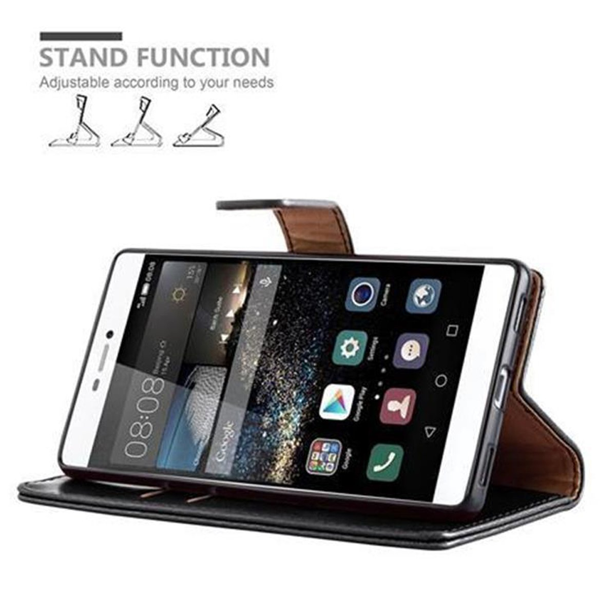 Telefon in Brieftaschenhülle. Das Telefon befindet sich in einer Ständerposition. Die Uhrzeit ist 08:08. Ständerfunktion wird gezeigt.