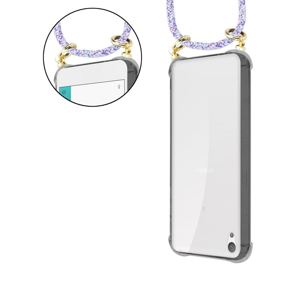 Telefon in klarer Hülle mit lila Lanyard. Telefon hat Kamera. Lanyard ist lila mit goldenen Akzenten.