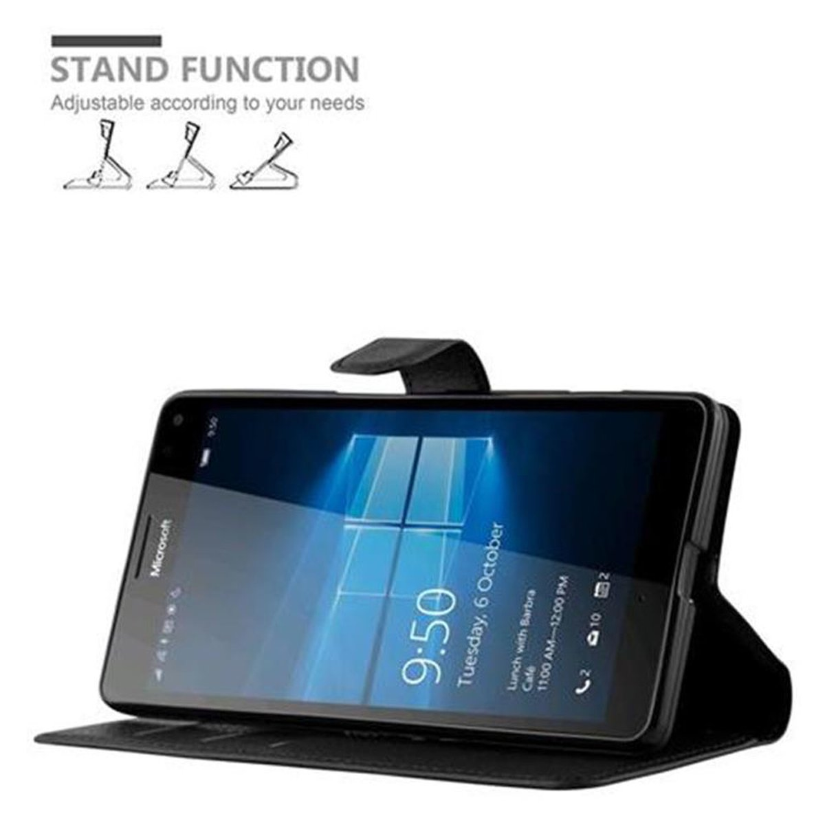 Un telefono con custodia nera, in posizione di supporto, che mostra la schermata iniziale. Sfondo bianco.