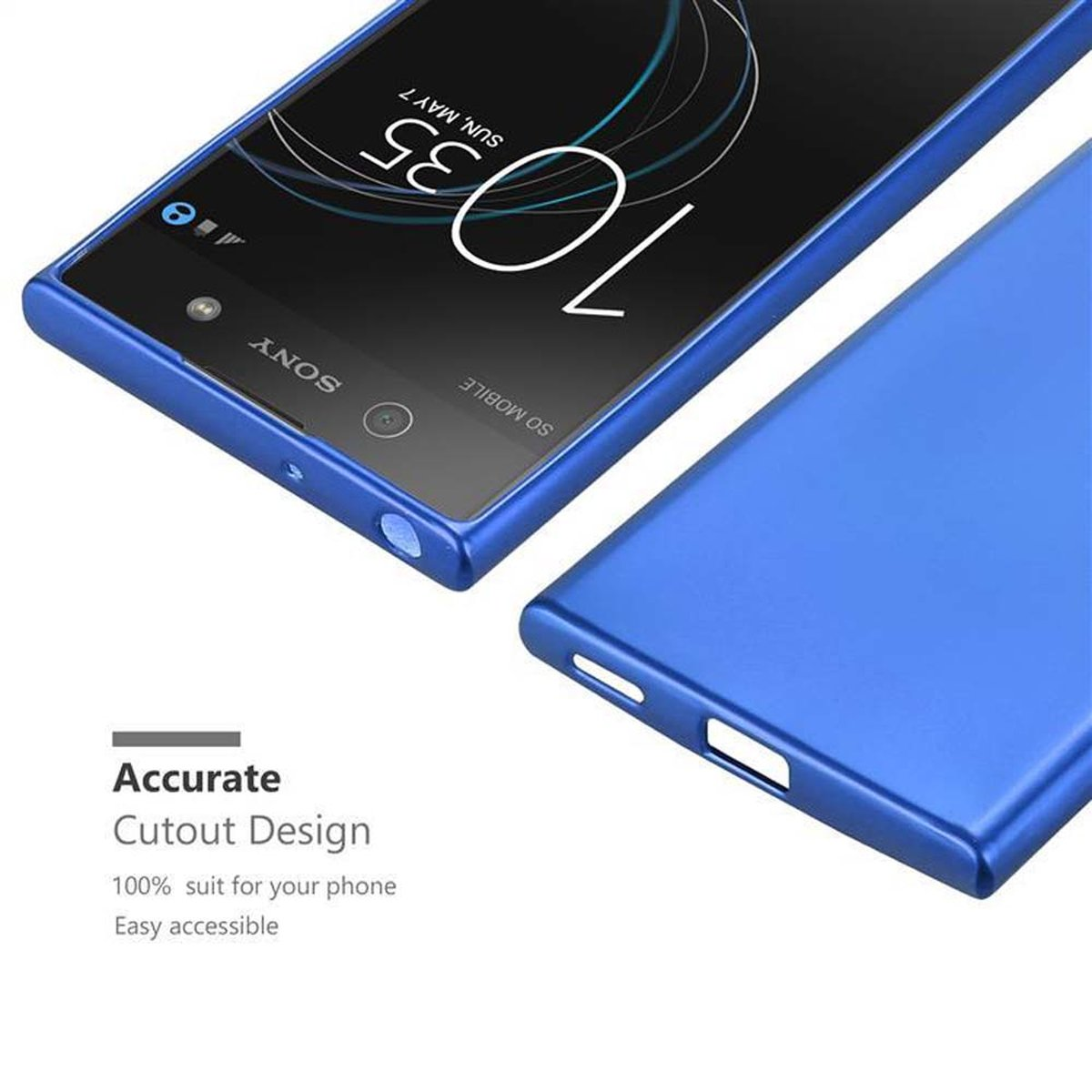 Blaue Handyhülle mit Telefon. Text auf der Hülle lautet 'Accurate Cutout Design'.