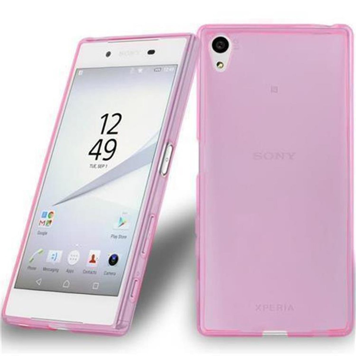 Zwei Telefone mit rosa Hüllen. Ein Telefon lehnt an dem anderen.