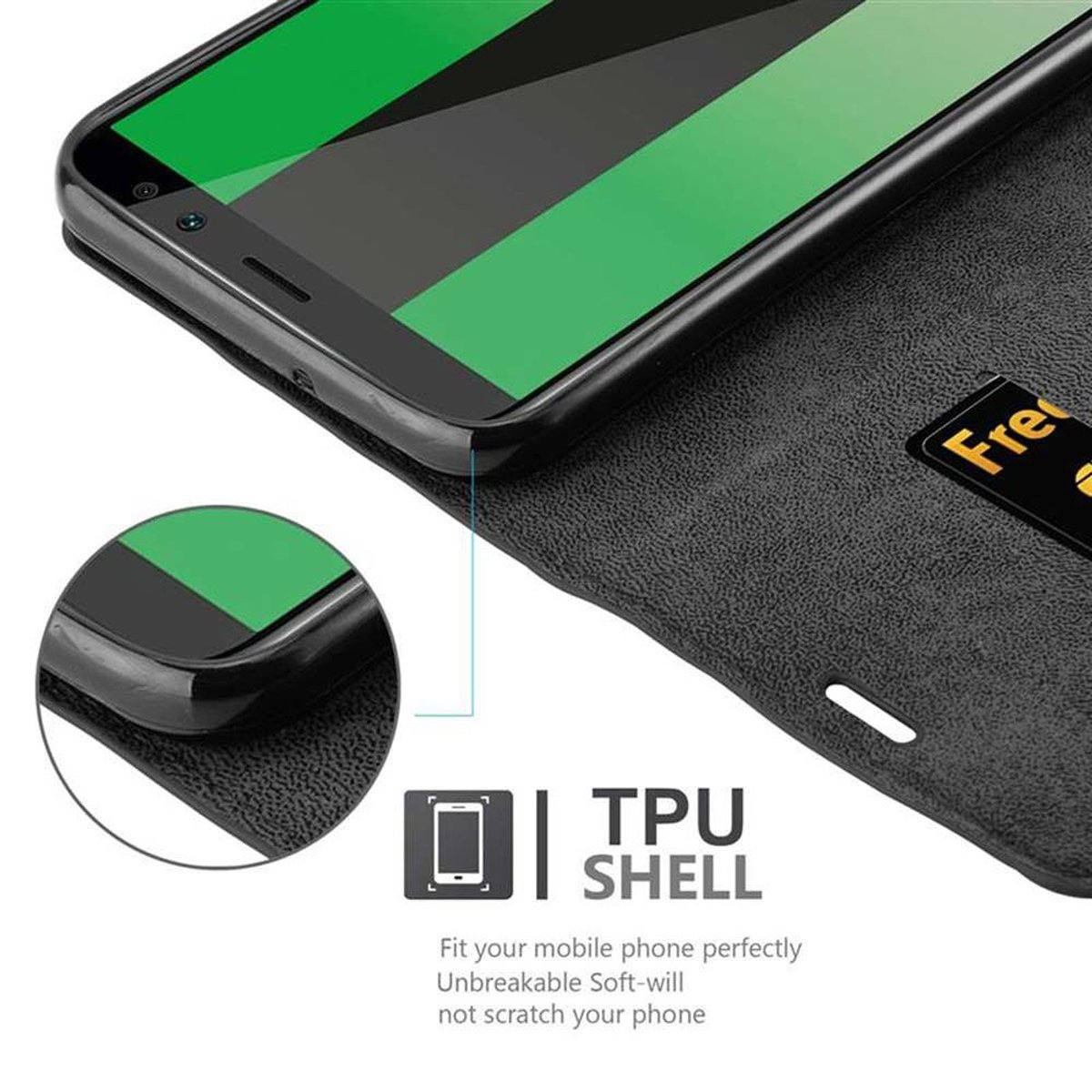 Schwarzes Telefon in schwarzem Gehäuse mit grünem Bildschirm, auf schwarzer Oberfläche. Weißer Text: TPU-Schale.