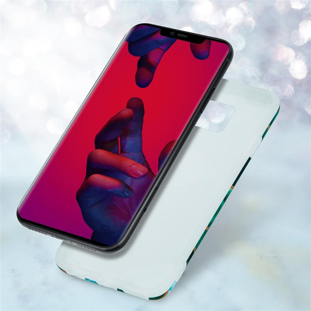 Due telefoni, uno con schermo rosso e blu. L'altro è bianco. Le mani appaiono sullo schermo rosso.