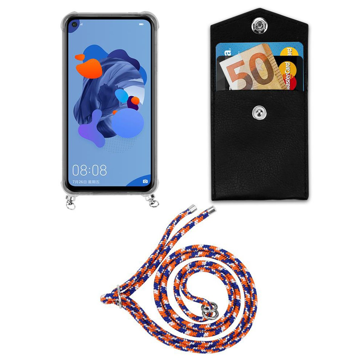 Kordel CADORABO BLAU Ringen, Backcover, Huawei, und Kette Band Handy 30 Hülle, LITE, mit Silber WEIß ORANGE abnehmbarer MATE