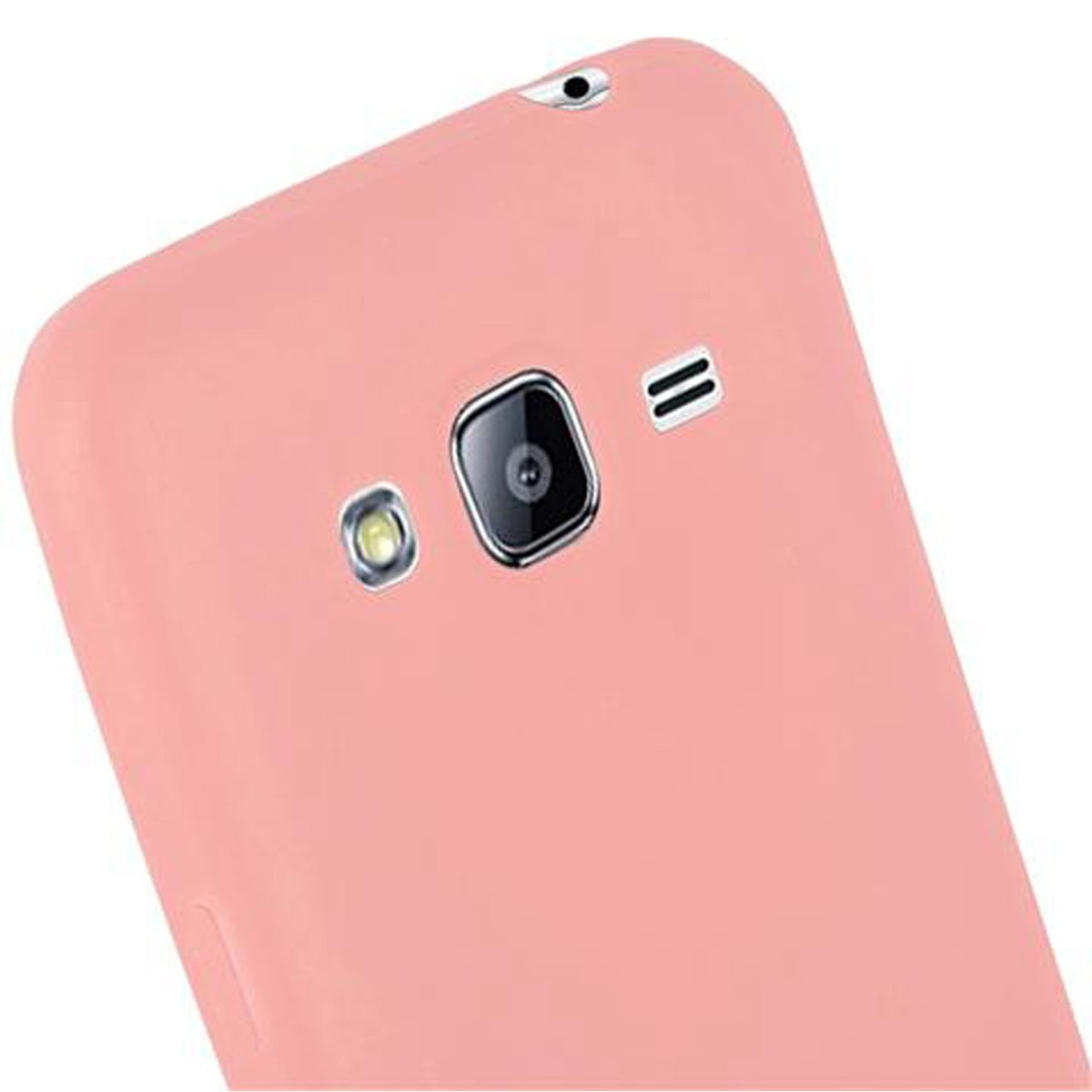 Una custodia per telefono rosa è mostrata, con la parte posteriore del telefono visibile. La custodia ha dei ritagli.